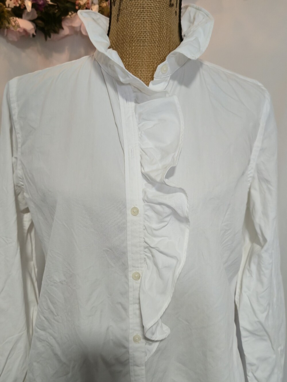 Ralph Lauren White Button-Front Blouse with Ruffle Collar